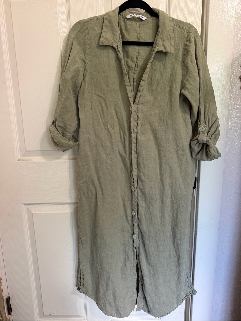 Zara Light Sage Button-Front Linen Shirt Dress Size M